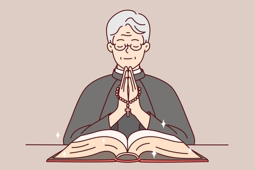 Calm priest in robe holding rosary praying with bible in church. Happy pastor pray to god in cathedral. Religion and faith. Vector illustration.