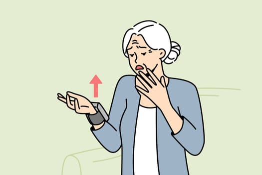 Elderly woman was upset because of increased blood pressure on monitor on her wrist. Old lady felt nervous after seeing bad health indicators on smart watch. Vector line art colored illustration.
