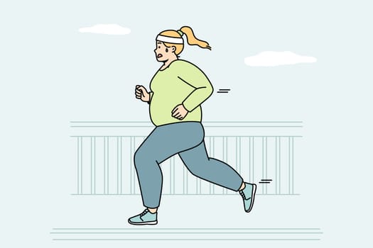 Chubby woman running at street to be fit. Fat girl makes cardio workout outdoor to burn calories. Plump lady jogging in city, taking part in marathon. Weight loss. Vector linear colored illustration.