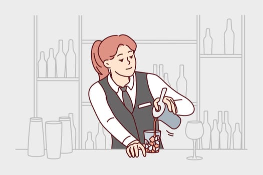 Bartender in uniform making cocktail at bar. Smiling female waitress make drink in restaurant at counter. Alcohol and beverage. Vector illustration.