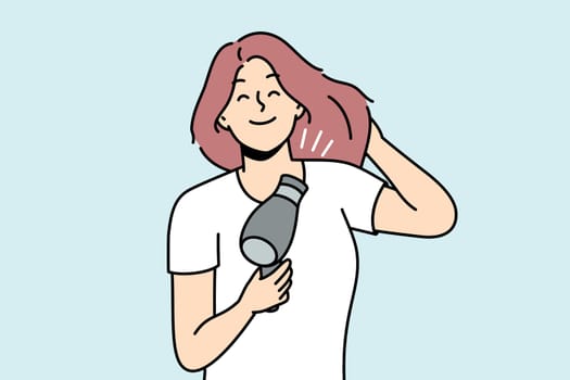 Smiling young woman blow hair with dryer. Happy girl get ready blowing hair with fan device. Beauty and technology. Vector illustration.