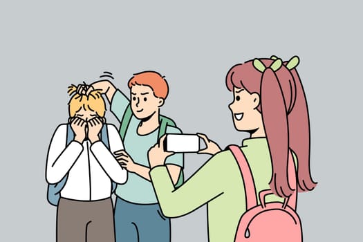 Schoolchildren torture their classmate, take pictures of it or shoot video on smartphone. Schoolboy suffers from bullying, physical abuse, violence at school. Mockery at college. Vector illustration.