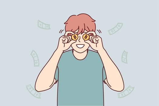 Smiling young man with bitcoins excited with revenue or income. Happy male investor or financier overjoyed with successful rate or investment. Vector illustration.