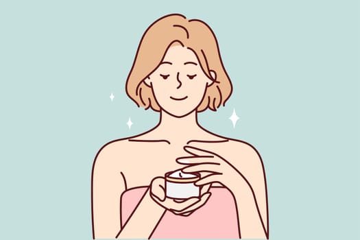 Smiling young woman applying cream in bath. Happy girl in towel do beauty procedures at home in bathroom. Skincare and beauty. Vector illustration.