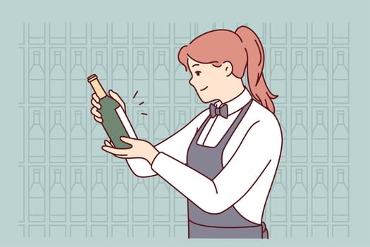 Smiling waitress in apron choosing wine in cellar. Happy female sommelier make choice about drink in restaurant. Vector illustration.