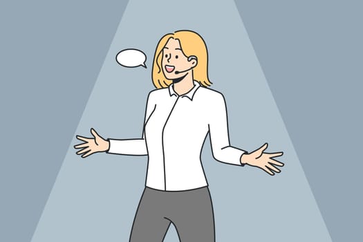 Stand-up comedian woman. Girl tells funny interesting story, shows something on stage. Lady performing in front of audience. Speech bubble. Speaker, actor. Vector linear colored illustration.