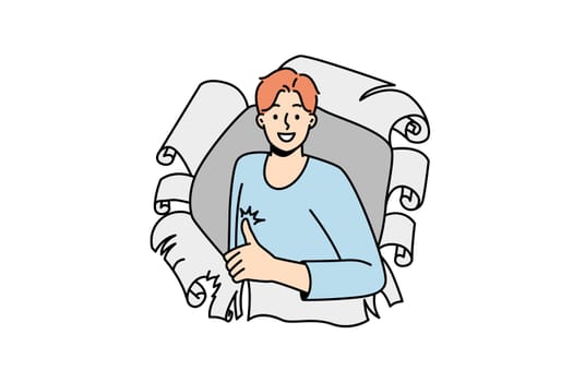 Smiling man look from hole show thumb up
