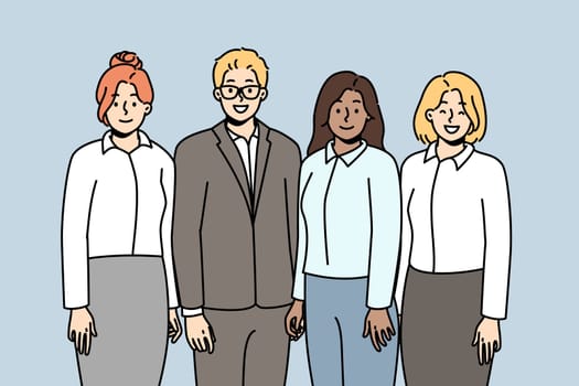 Office workers, employees stand, smile. Business team successful work at company. Businesswomen, businessman posing together. Corporate culture, meeting. Vector outline colorful illustration.