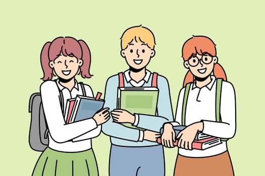 Two girl, boy with college bags stands together, keep textbooks, smiles. Back to school. Schoolchildren like to study. Smart students enjoy learning at university. Vector illustration.