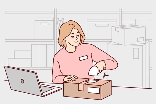 Woman employee work with scanner at warehouse. Smiling female worker packing parcels at storehouse or depot. Occupation. Vector illustration.