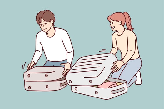 Happy couple packing suitcase getting ready for vacation. Smiling man and woman pack baggage excited about traveling. Tourism concept. Vector illustrations.