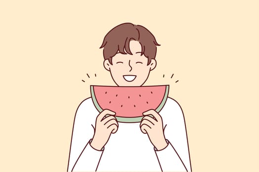 Smiling young man eating watermelon. Happy guy enjoy slice of fresh fruit. Nutrition and summer fruit. Vector illustration.