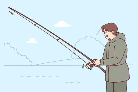 Man with rod fishing in nature landscape. Smiling fisherman in outerwear enjoy fishing hobby outdoors. Vector illustration.