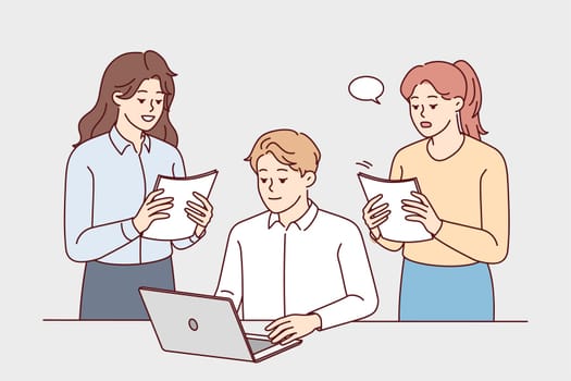 Female employee with paperwork stand near male boss or CEO in office. Businesspeople cooperate at table at workplace using computer. Teamwork. Vector illustration.