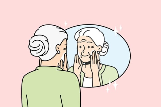 Elderly lady puts anti-aging cream on face in front of mirror. Old woman takes care of facial skin to remove wrinkles. Pensioner wants to stay young, doing beauty routine. Vector linear illustration.