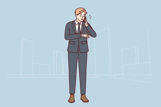 Busy young businessman talk on cellphone check time on wristwatch. Male employee or boss have mobile call with client or partner. Vector illustration.