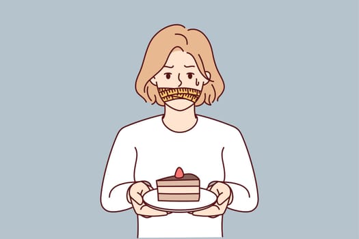 Unhappy woman with mouth closed refuse from chocolate cake. Stressed girl follow diet cover mouth from dessert. Vector illustration.