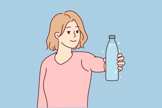 Smiling young woman hold bottle of water recommend drinking clear clean aqua. Happy female make recommendation for healthy lifestyle. Vector illustration.