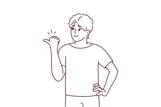 Smiling young man point at empty copy space aside. Happy male show with finger good sale deal or promotion. Recommendation. Vector illustration.