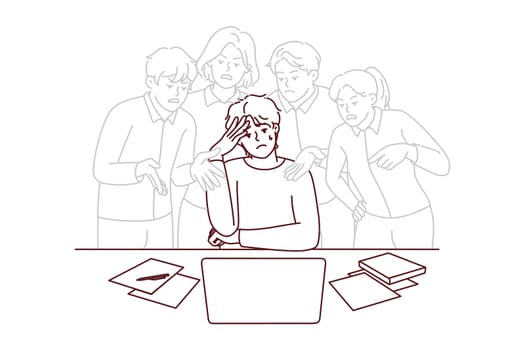 Stressed young man feel pressure by society opinion working on computer. Distressed male employee frustrated with annoying imaginary colleagues. Vector illustration.