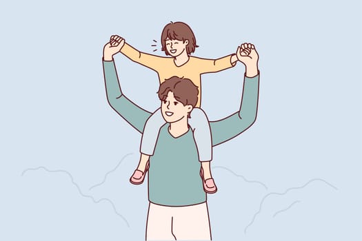 Young smiling father with excited child on back walking together outdoors. Happy loving dad playing with little kid enjoy time together. Vector illustration.
