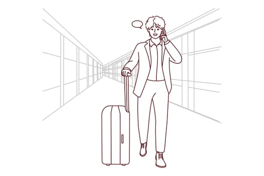 Young businessman with suitcase walking in airport talking on cellphone. Confident male boss in suit have smartphone call ready for business trip. Vector illustration.