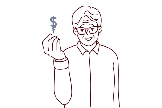Elderly man showing dollar sign saving money for future. Smiling mature grandfather make money investments gain from rates. Banking and finances. Vector illustration.