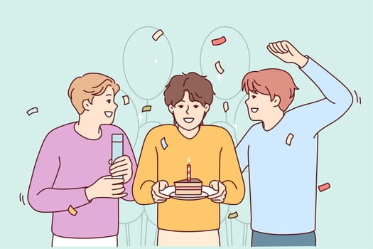 Smiling guys greeting friend with cake and balloons. Happy people celebrate birthday together. Party and celebration. Vector illustration.