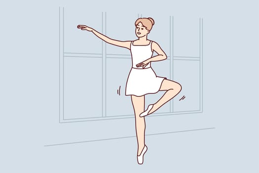 Young woman in tutu dancing in school. Smiling girl in dress practice ballerina moves indoors. Hobby and entertainment. Vector illustration.