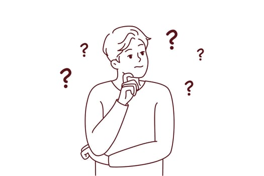 Frustrated young man thinking of problem solution having dilemma. Confused male make decision or plan, consider ideas or solution. Vector illustration.