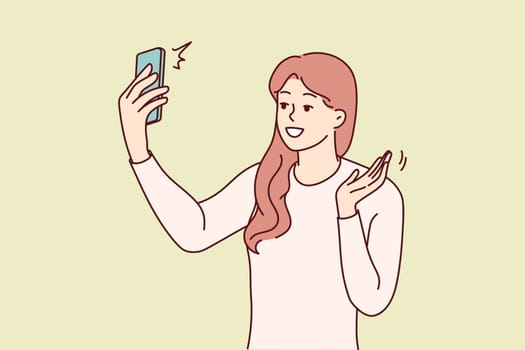 Smiling woman wave talk on webcam call on cellphone. Happy female have online video chat on smartphone. Technology concept. Vector illustration.