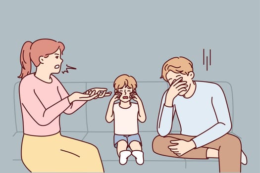 Unhappy kid crying because of parents arguing and fighting. Upset distressed child suffer from mother and father quarrelling. Vector illustration.
