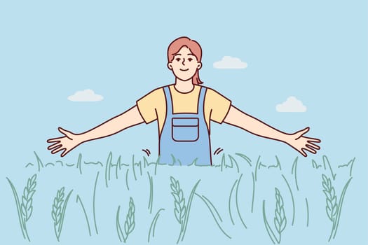 Smiling girl walking in field enjoying sunny weather outdoors. Happy female in cropland or pasture. Environment and nature. Vector illustration.