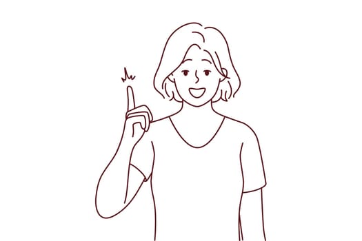 Smiling young woman point up with finger generate good business idea or thought. Happy female show good deal or offer. Vector illustration.