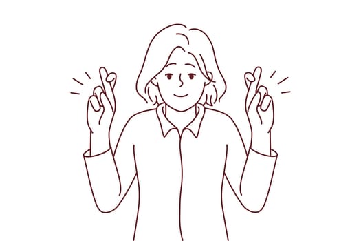 Smiling young woman cross fingers make wish. Happy female do hand gesture ask or hope for best. Vector illustration.
