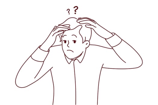 Frustrated young man anxious about receding hair. Worried male confused with hair loss or baldness. Skin problems and beauty. Vector illustration.