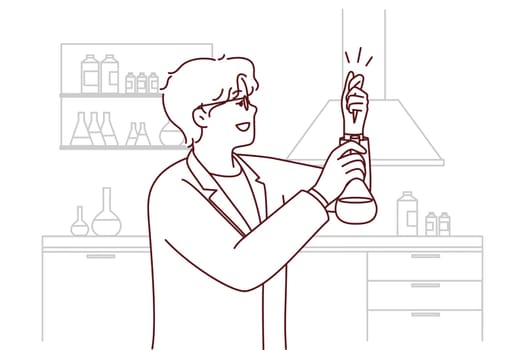 Male scientist make experiments with tube in laboratory. Man researcher in white uniform experiment in lab. Biology and science. Vector illustration.