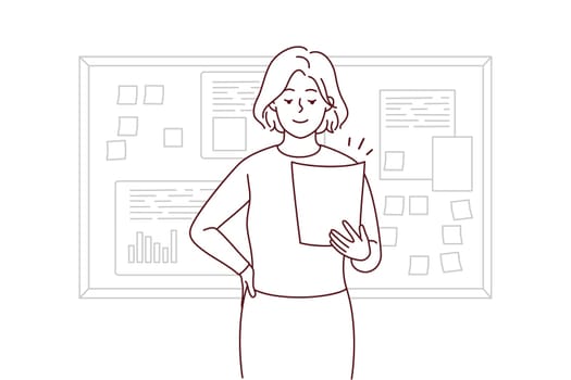 Smiling businesswoman holding paper work stand near board making presentation. Happy female boss present business project in office. Vector illustration.