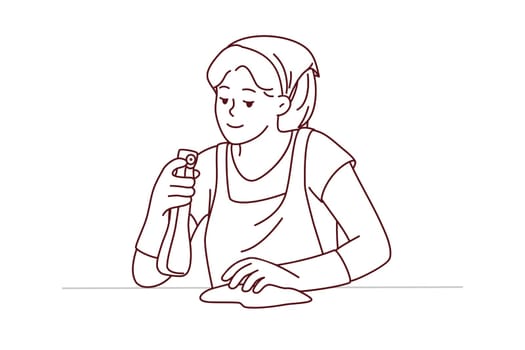 Female housekeeper with detergent and cloth working cleaning surface. Housewife take care of house cleanliness. Housekeeping and hygiene. Vector illustration.