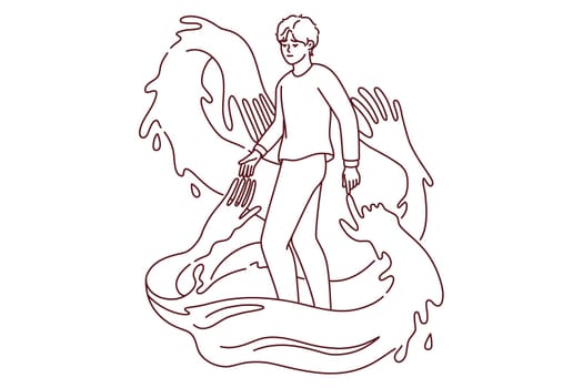 Young man surrounded by huge multiple hands. Guy influenced and manipulated by people. Concept of psychological manipulation and addiction. Vector illustration.