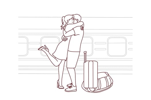Happy couple hug meet at railway station. Smiling girl embrace guy welcome near train. Long distance relationship. Vector illustration.