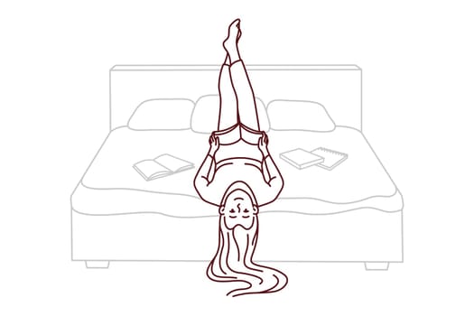 Happy girl lying on bed at home reading book. Smiling woman relax in bedroom enjoying literature. Education and bookworm. Vector illustration.