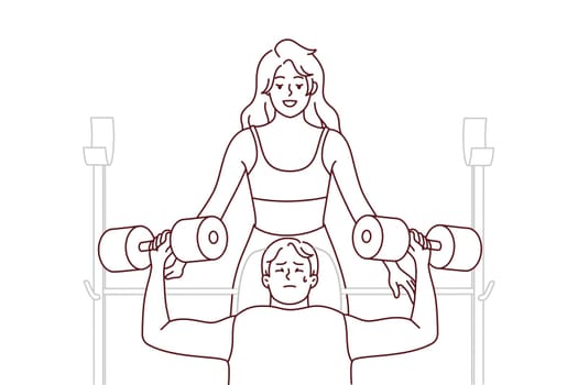 Female trainer help male client workout in gym. Woman athlete or coach train with customer with barbells in sport center. Vector illustration.