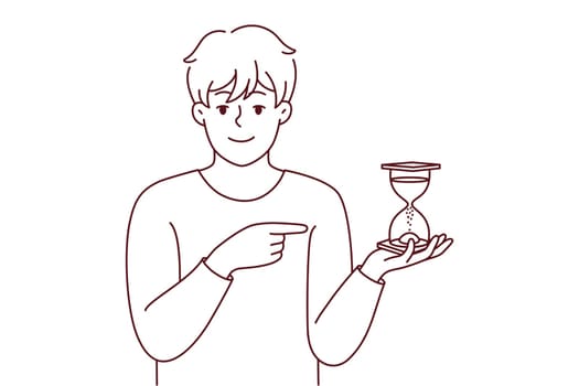 Smiling young man point at sandglass show sand flowing and time passing. Happy male show with finger and hourglass. Vector illustration.