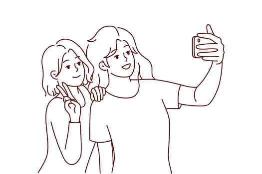 Smiling girls making selfie on smartphone together. Happy women have fun take self-portrait picture on modern cellphone camera. Vector illustration.