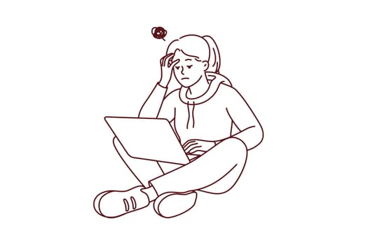 Female student work on laptop thinking suffer from inspiration lack. Stressed woman study on computer struggle with distraction. Vector illustration.