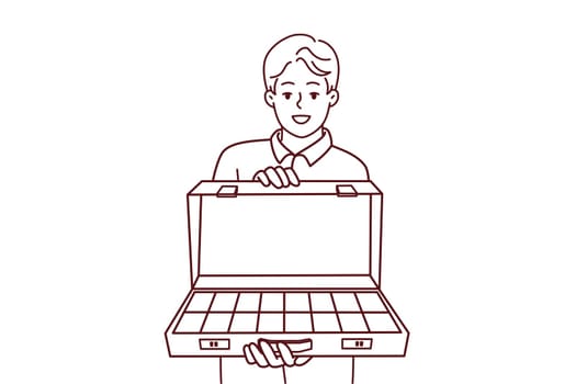 Smiling young man hold briefcase with dollar bills inside. Happy rich male with case full of money. Financial stability and wellness. Vector illustration.