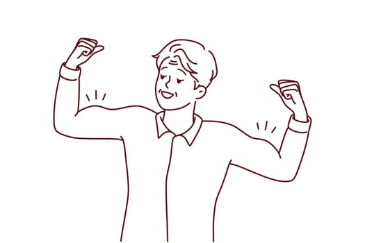 Elderly man showing muscles training and exercising. Smiling mature male demonstrate good physical shape follow sport lifestyle. Vector illustration.