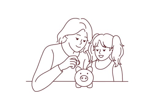 Mother and daughter saving money in piggybank. Mom and girl child put coin in piggy bank make financial investment for future. Banking. Vector illustration.