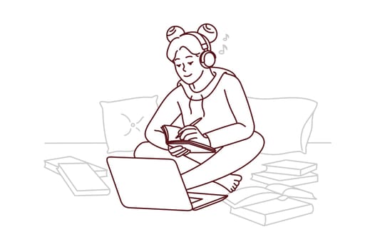 Girl in headphones study on laptop at home take notes in notebook. Happy female student in earphones write notepad have online class on computer. Vector illustration.